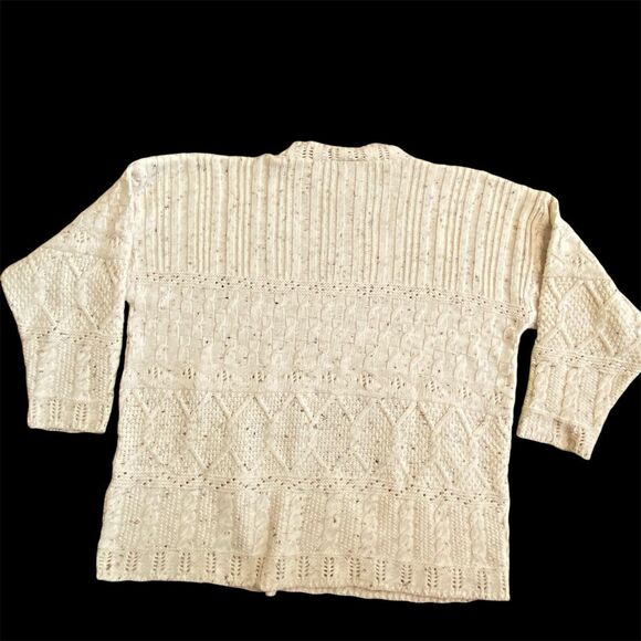 Vintage 90s UK Fisherman Cable Knit Sweater Ivory Long Sl Tweed Multi Pattern 1X - Picture 2 of 6